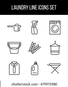 9 Laundry high quality line icons in modern style. Housework and cleaning elements for websites, brochures, UI and others. Vector illustration on a white background. 
