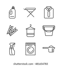 9 Laundry high quality line icons in modern style. Housework and cleaning elements for websites, brochures, UI and others. Vector illustration on a white background. 