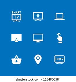 9 lcd icons in vector set. placeholder, open laptop computer, smart tv and shopping basket button illustration for web and graphic design