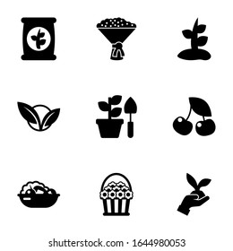 9 leaf filled icons set isolated on white background. Icons set with fertilizer, bridal bouquet, Plant, vegetarian, Gardening, cherry, Salad, flower basket icons.