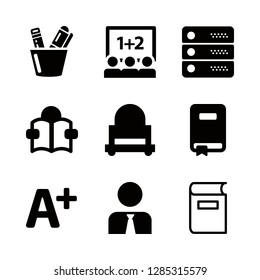 9 learning icons with a plus test result of school and book of black cover in this set