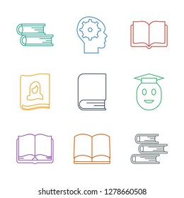 9 learning icons. Trendy learning icons white background. Included line icons such as book, graduate emoji, magazine, gear in head. learning icon for web and mobile.