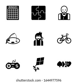9 leisure filled icons set isolated on white background. Icons set with Bingo, Puzzle, Croupier, Fishing, Diving, Bike, joystick, Hobbie, gambling icons.