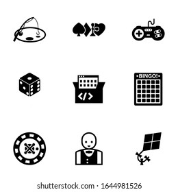9 leisure filled icons set isolated on white background. Icons set with Fishing, gambling, joystick, dice, Game-based Learning, Bingo, roulette, Croupier, Hobbie icons.