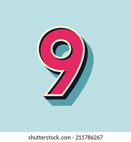 9 letter of 3d vector illustrated relief retro font with shadow