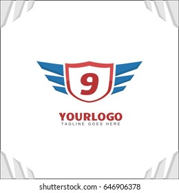 9 letter brand identity. Falcon wing logo vector icon. Blue shield design template.