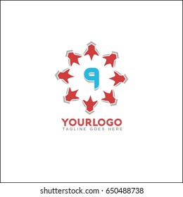 9 letter brand identity. Vector graphic elegant sliced alphabet symbol with star element on circle in silver and red color.