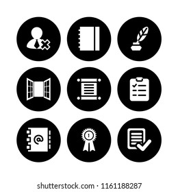 9 letter icons in vector set. notebook, contact, verified text paper and opened window door of glasses illustration for web and graphic design