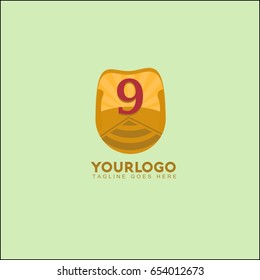 9 letter landscape vector illustration with mountain, sun and road. Vintage brand identity.