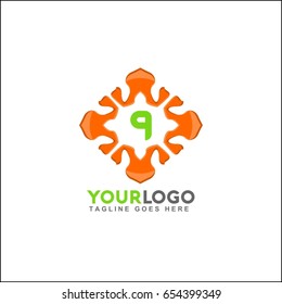 9 letter premium monogram logo. Universal symbol icon vector design. Luxury orange abc leaf logotype.