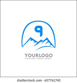 9 letter vector mountains emblem identity. Outdoor activity symbol. Adventure or sport logo badge. Vector illustration