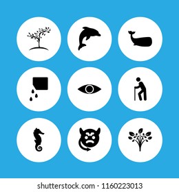 9 life icons in vector set. aquarium, plant, seahorse and old man walking illustration for web and graphic design