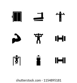 9 lift icons in vector set. dumbbell, gym and elevator illustration for web and graphic design