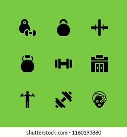 9 lifting icons in vector set. dumbbell, gym, kettlebells and facial illustration for web and graphic design