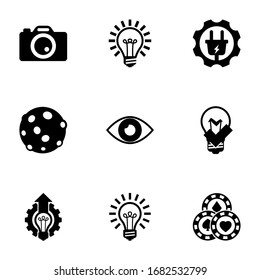 9 light filled icons set isolated on white background. Icons set with Photo services, Idea, Electrical service, moon, vision, great solution, Innovation business, Casino icons.