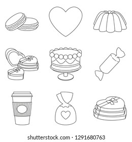 9 line art black and white romantic food elements. Love date invitation decor Valentine themed vector illustration for icon, stamp, label, certificate, brochure, gift card, poster or banner decoration
