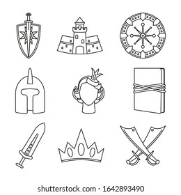 9 line art black and white fantasy elements. Historical festival props. Fairy tale theme vector illustration for icon, stamp, label, certificate, gift card, invitation, coupon or banner decoration