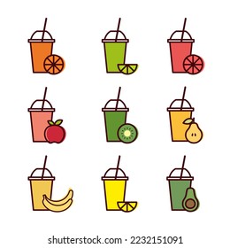 9 line art icons fruit juices with fruits