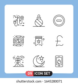 9 Line Black Icon Pack Outline Symbols for Mobile Apps isolated on white background. 9 Icons Set.