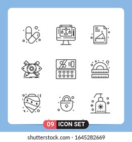 9 Line Black Icon Pack Outline Symbols for Mobile Apps isolated on white background. 9 Icons Set.