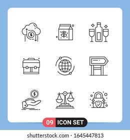 9 Símbolos de esquema del paquete de iconos negros de 9 líneas para aplicaciones móviles aisladas en fondo blanco. Juego De 9 Iconos.