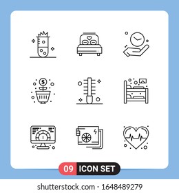 9 Símbolos de esquema del paquete de iconos negros de 9 líneas para aplicaciones móviles aisladas en fondo blanco. Juego De 9 Iconos.