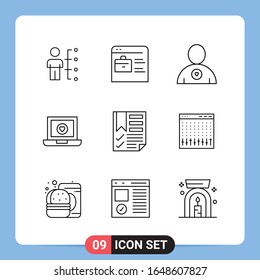 9 Line Black Icon Pack Outline Symbols for Mobile Apps isolated on white background. 9 Icons Set.