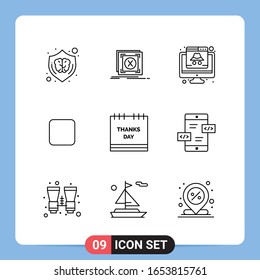 9 Line Black Icon Pack Outline Symbole für mobile Apps einzeln auf weißem Hintergrund. 9 Symbole Set.