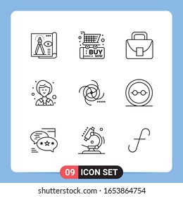 9 Símbolos de esquema del paquete de iconos negros de 9 líneas para aplicaciones móviles aisladas en fondo blanco. Juego De 9 Iconos.