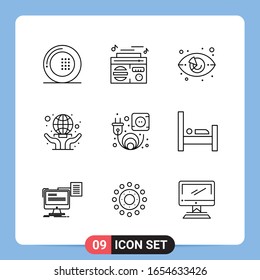 9 Símbolos de esquema del paquete de iconos negros de 9 líneas para aplicaciones móviles aisladas en fondo blanco. Juego De 9 Iconos.