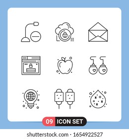 9 Line Black Icon Pack Outline Symbols for Mobile Apps isolated on white background. 9 Icons Set.