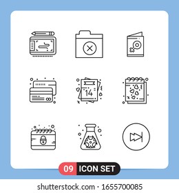 9 Símbolos de esquema del paquete de iconos negros de 9 líneas para aplicaciones móviles aisladas en fondo blanco. Juego De 9 Iconos.