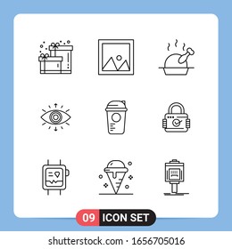 9 Símbolos de esquema del paquete de iconos negros de 9 líneas para aplicaciones móviles aisladas en fondo blanco. Juego De 9 Iconos.