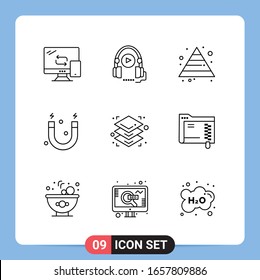 9 Line Black Icon Pack Outline Symbols for Mobile Apps isolated on white background. 9 Icons Set.