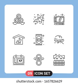 9 Símbolos de esquema del paquete de iconos negros de 9 líneas para aplicaciones móviles aisladas en fondo blanco. Juego De 9 Iconos.