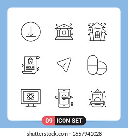 9 Símbolos de esquema del paquete de iconos negros de 9 líneas para aplicaciones móviles aisladas en fondo blanco. Juego De 9 Iconos.