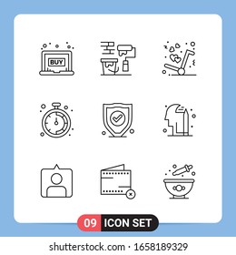 9 Símbolos de esquema del paquete de iconos negros de 9 líneas para aplicaciones móviles aisladas en fondo blanco. Juego De 9 Iconos.