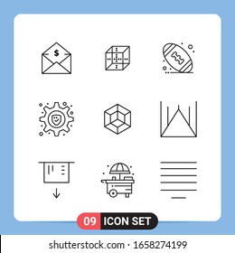 9 Símbolos de esquema del paquete de iconos negros de 9 líneas para aplicaciones móviles aisladas en fondo blanco. Juego De 9 Iconos.