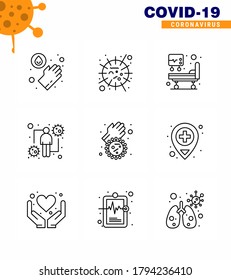 9 Line Corona Virus pandemic vector illustrations  dirty hands; viral; hospital bed; intect; host viral coronavirus 2019-nov disease Vector Design Elements