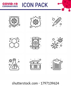 9 Line Corona Virus pandemic vector illustrations  mobile app; medical; fever; science; experiment viral coronavirus 2019-nov disease Vector Design Elements
