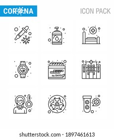 9 Line Coronavirus disease and prevention vector icon  date; pulse; bed; medical; beat viral coronavirus 2019-nov disease Vector Design Elements