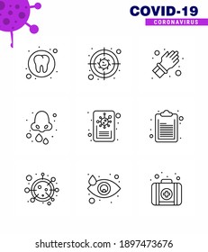 9 Line Coronavirus disease and prevention vector icon  news; health; glove; drops; allergy viral coronavirus 2019-nov disease Vector Design Elements