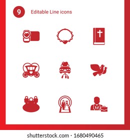 9 line filled icons set isolated on . Icons set with video shooting, necklace, Bible, Brougham, just married car, Dove, team, Wedding, professional icons.