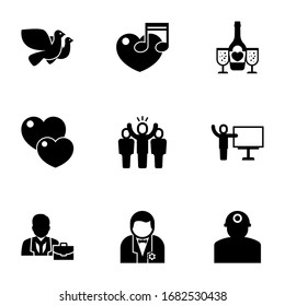 9 iconos rellenos de línea que se establecen aislados en fondo blanco. Iconos con paloma, música, champán, amor, líder, entrenador, profesional, novio, íconos de los trabajadores.