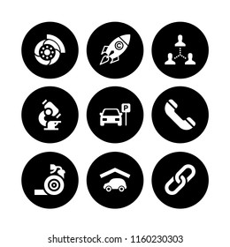 9 line icons in vector set. telephone, garden hose, scientific and parked car illustration for web and graphic design