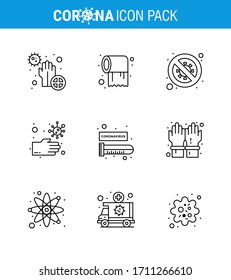 9 Line Set of corona virus epidemic icons. such as  hands; bacteria; care; signaling; no viral coronavirus 2019-nov disease Vector Design Elements