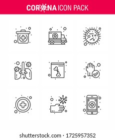 9 Line Set of corona virus epidemic icons. such as  bone; organ; bacteria; lung; anatomy viral coronavirus 2019-nov disease Vector Design Elements