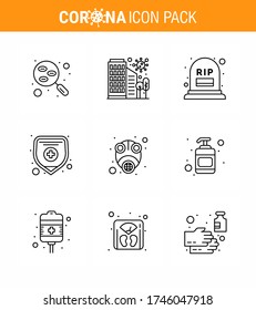 9 Line Set of corona virus epidemic icons. such as  protection; health insurance; protection; rip; grave viral coronavirus 2019-nov disease Vector Design Elements