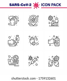 9 Line Set of corona virus epidemic icons. such as  sanitizer; soap; infection; hand; virus viral coronavirus 2019-nov disease Vector Design Elements