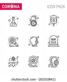 9 Line Set of corona virus epidemic icons. such as  virus; security; drip; protection; bacteria viral coronavirus 2019-nov disease Vector Design Elements